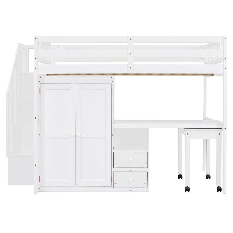 Loft Bed With Stairs, Bookshelf, Drawers, Desk & Wardrobe, Space Saving Multifunctional Furniture