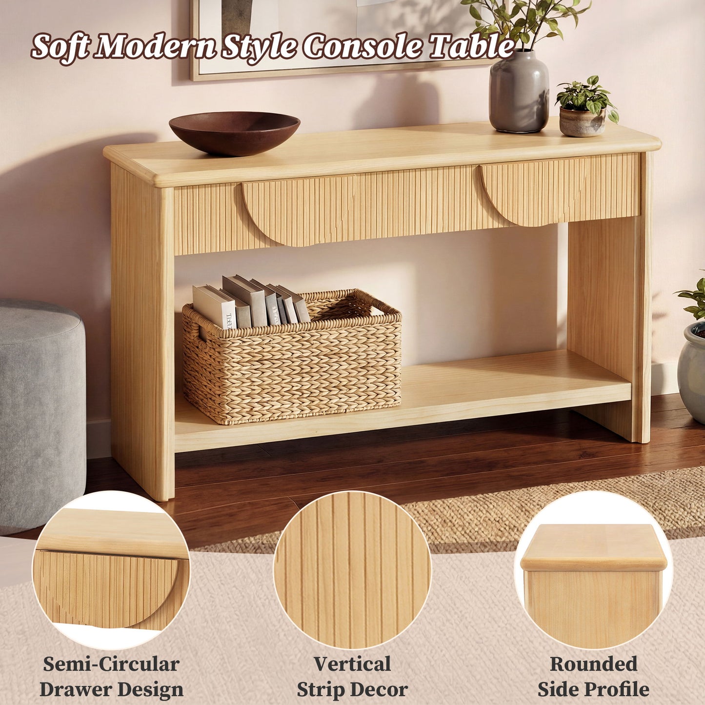Fluted Console Table With Semi Circular Drawers - Natural