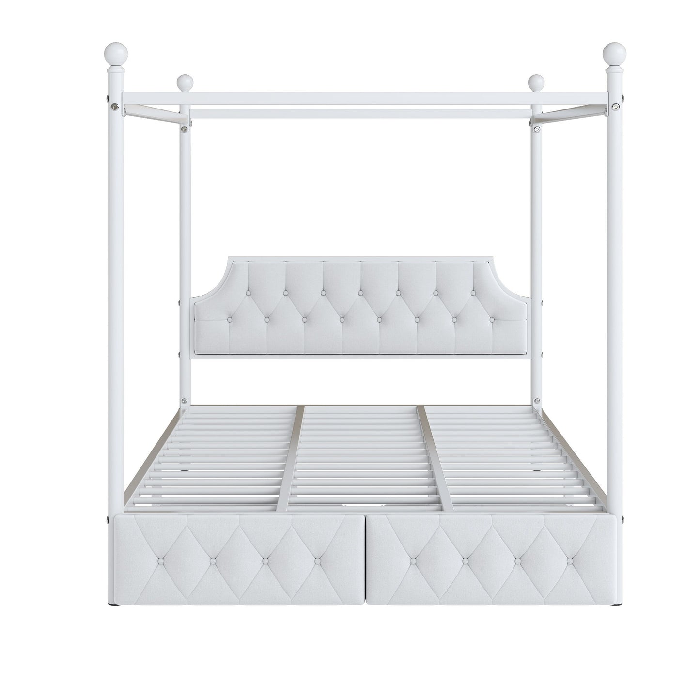 Queen Size Canopy Platform Bed With Upholstered Headboard And 2 Storage Drawers - White