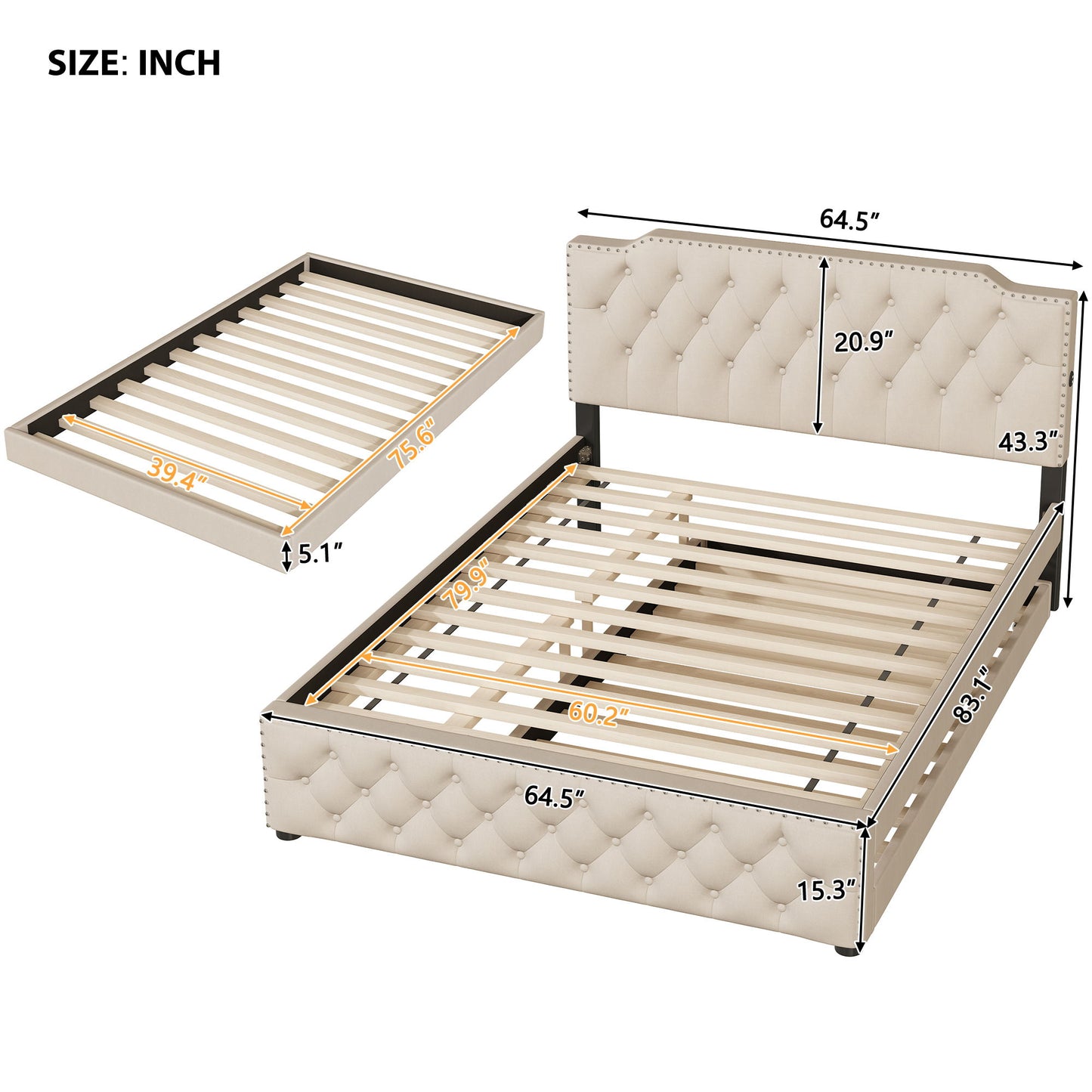 Upholstered Platform Bed With Trundle And 2 Sets Of USB Ports On Each Side, Fabric