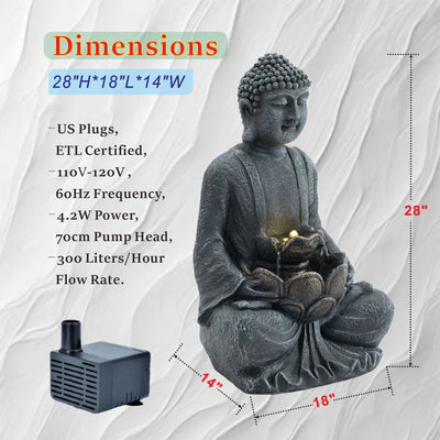 Zen - 2 Tier Meditating Buddha Water Fountain With Pump & LED Light - Gray