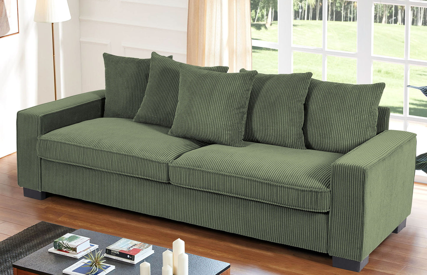 Luxe Sofa With 5 Matching Toss Pillows, Sleek Design, Spacious And Comfortable 3 Seater Couch