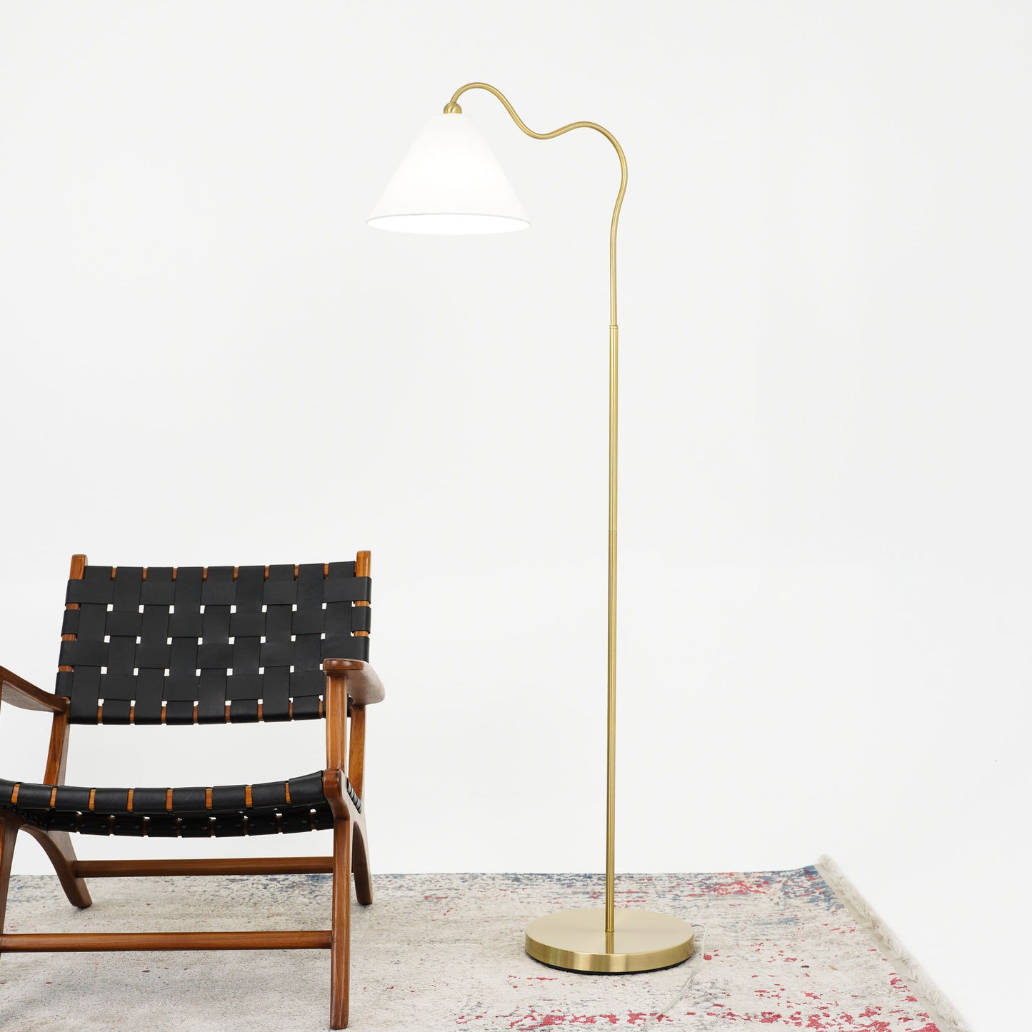 Majestic - Ring Base Curved Floor Lamp With Triangle Drum Shade - Gold / White