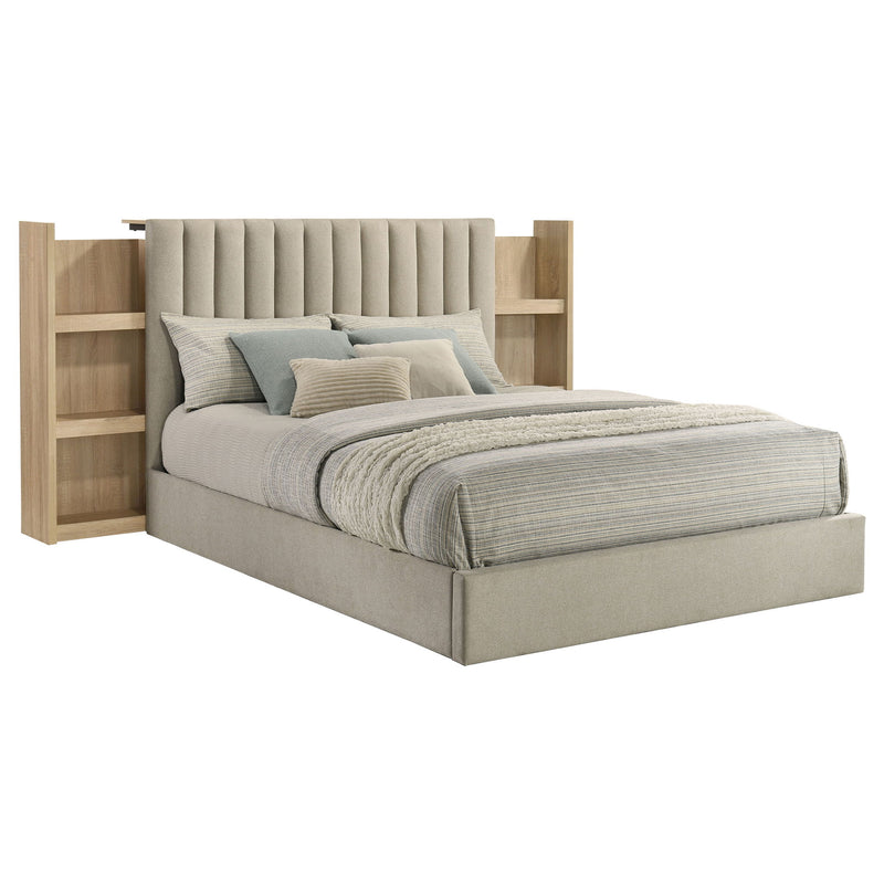 Merritt - Queen Bookcase Storage Bed With Tufted Headboard - Light Oak / Light Tan