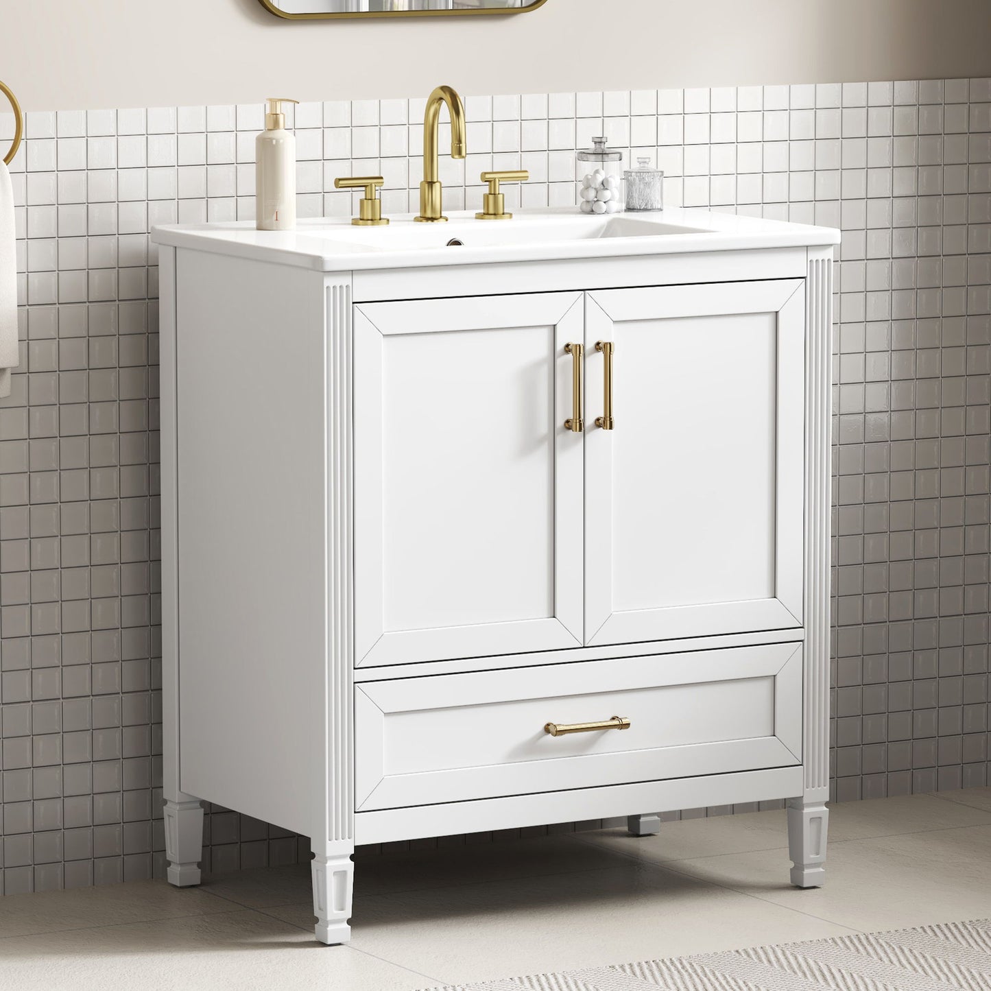 Elegant Fluted Bathroom Vanity With Sink, Soft Close Doors & Drawer