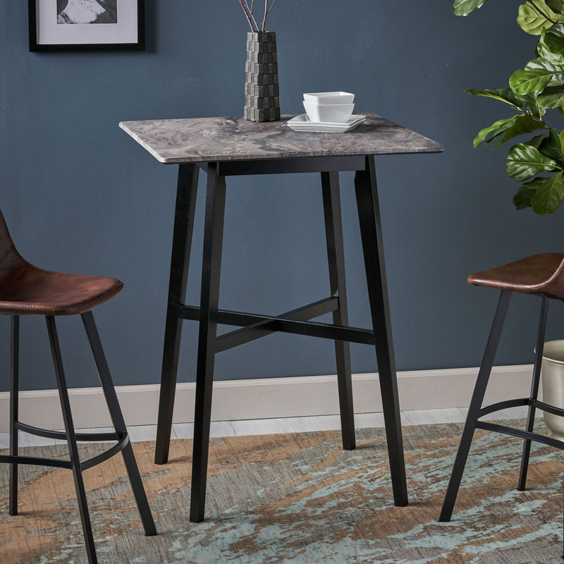Modern Bar Height Dining Table, Rubberwood Legs And Laminate Table Top, Paladina Marble - Gray / Black