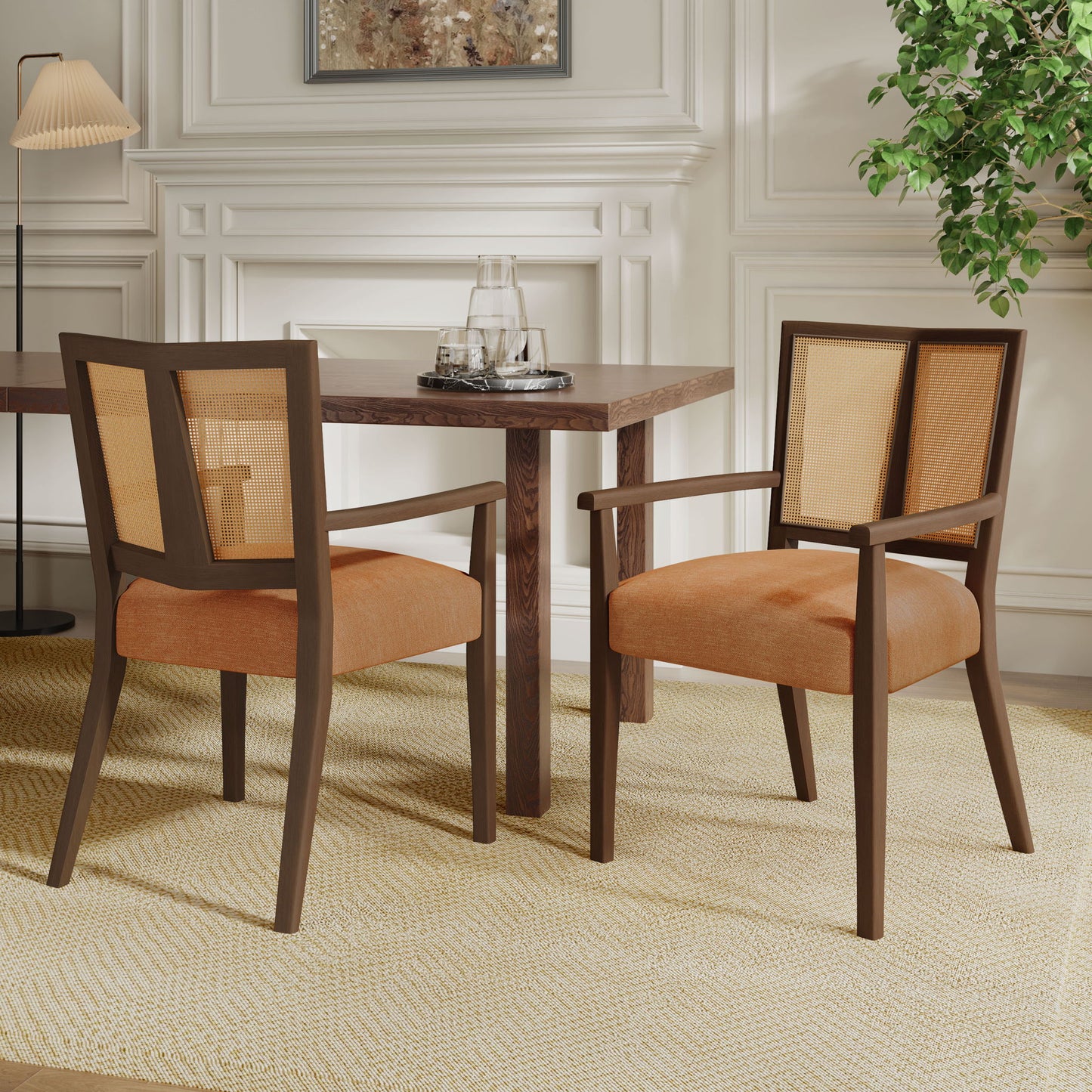 Mid Century Modern Arm Dining Chair Set With Rattan Backrest