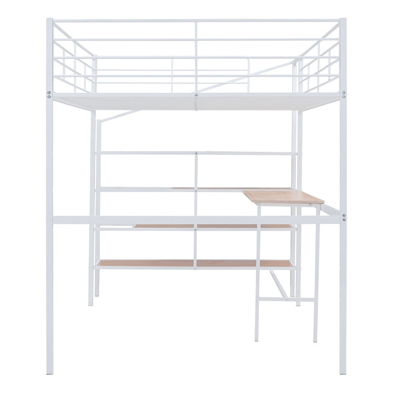 Full Size Loft Bed With Desk And Lateral Storage Ladder - White