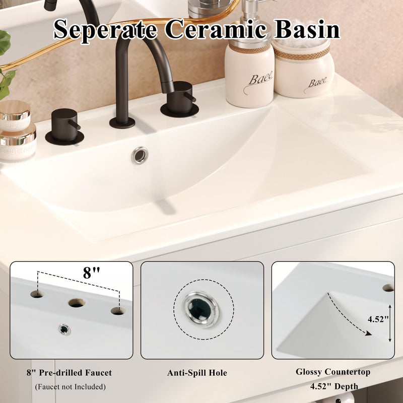 Freestanding Bathroom Vanity With Ceramic Sink, 2 Full Extension Drawers