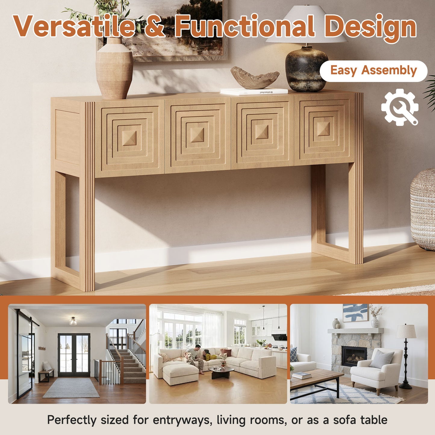 Geometric Carved Console Table With 3 Soft Close Drawers