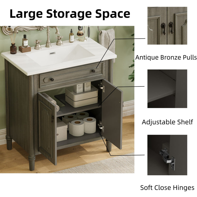 Tocador de baño vintage con lavabo, mueble rústico con puertas de cierre suave