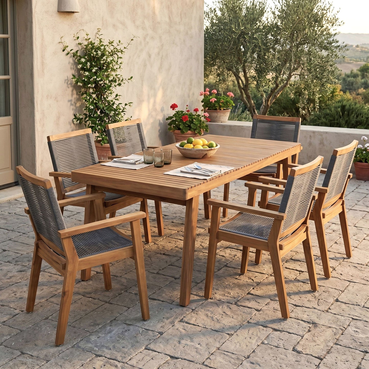7 Piece Outdoor Patio Dining Set With Table And 6 Arm Chairs - Brown / Dark Gray / Teak