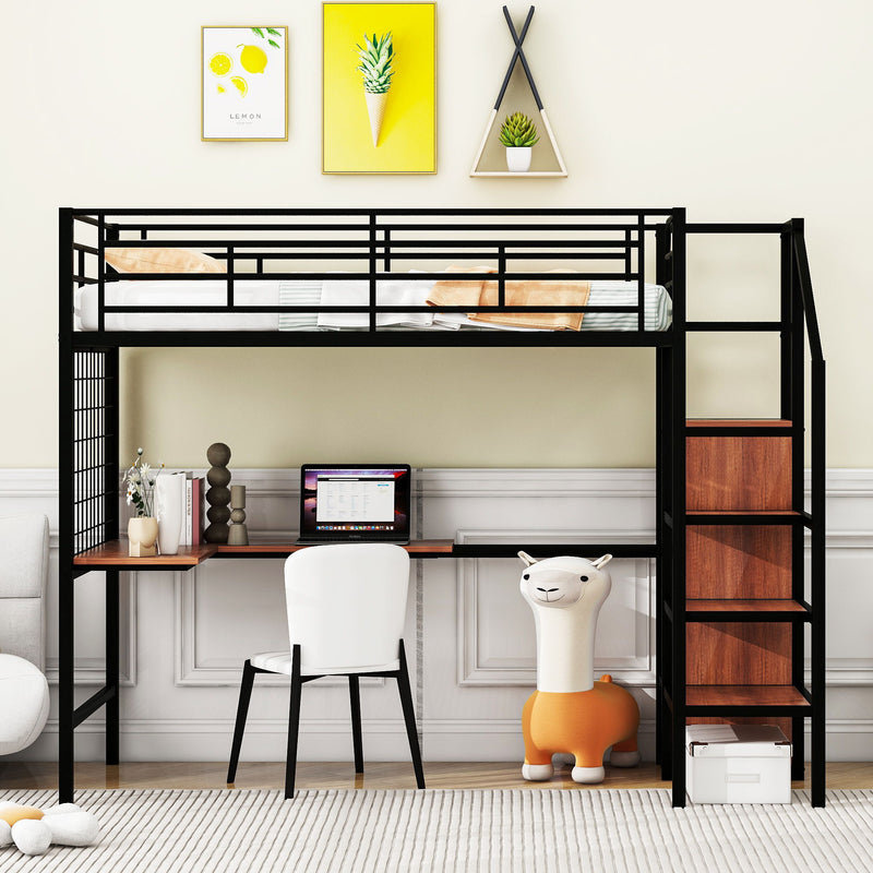 Twin Size Loft Bed With Desk And Grid, Storage Ladder And Wardrobe - Black