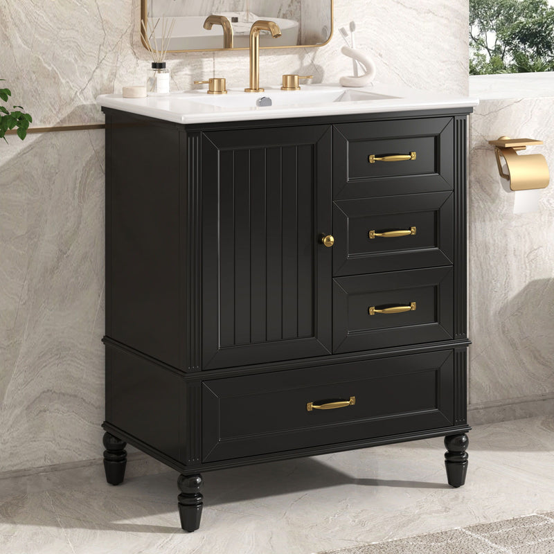 30" Bathroom Vanity With Sink, 3 Drawers, Adjustable Feet