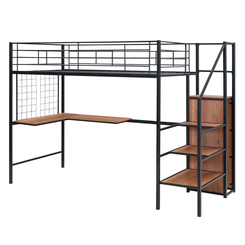 Twin Size Loft Bed With Desk And Grid, Storage Ladder And Wardrobe - Black