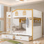 Twin Over Twin Bunk Bed With House Shaped Guardrails, Storage Shelves & Drawers - White / Natural