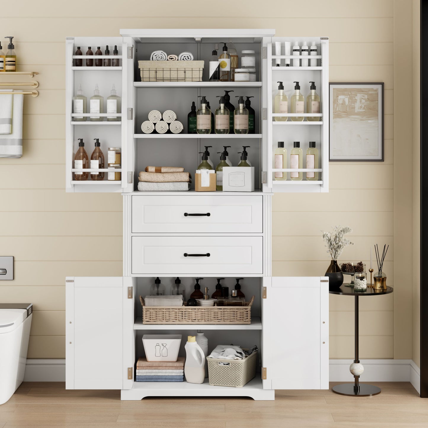 Multi Functional Storage Cabinet With Adjustable Shelves, 2 Drawers, Door Shelves