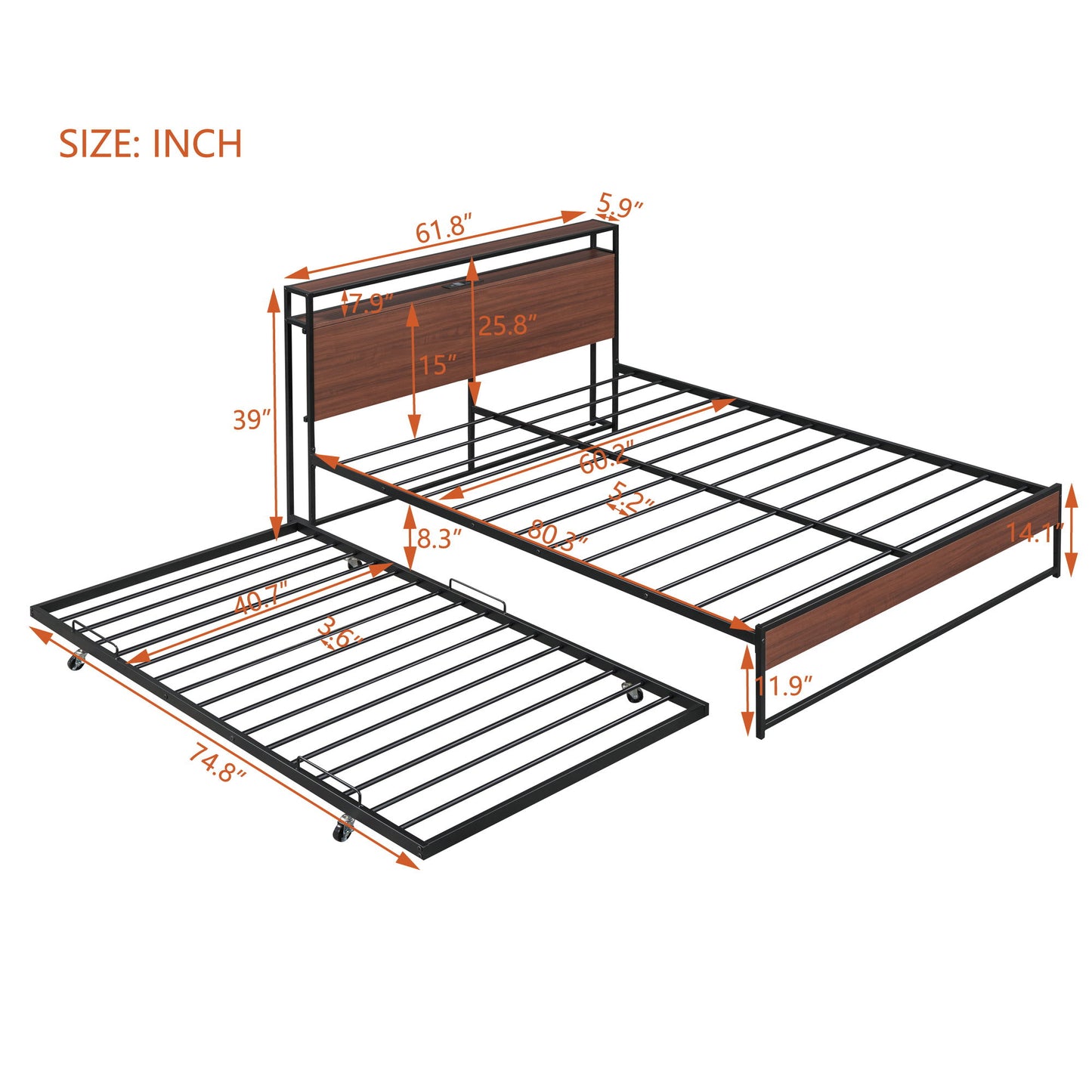 Platform Bed Frame With Trundle, USB Ports And Slat Support, No Box Spring Needed