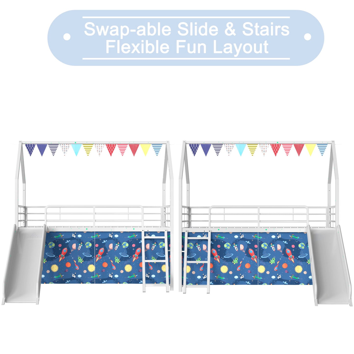 Jack - House Loft Bed With Slide And Curtain Set