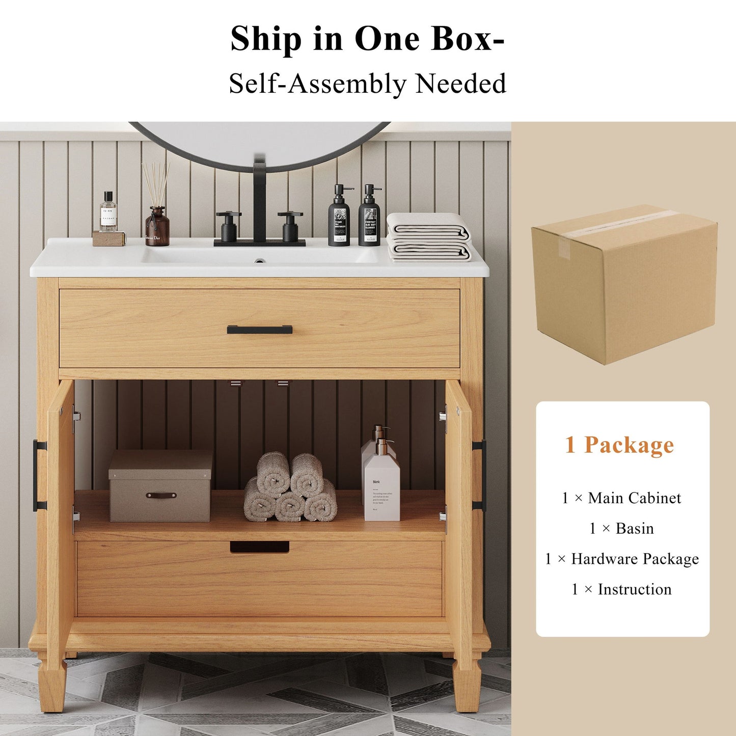 Bathroom Vanity With Ceramic Sink, Modern Free Standing Cabinet With Soft Close Drawers