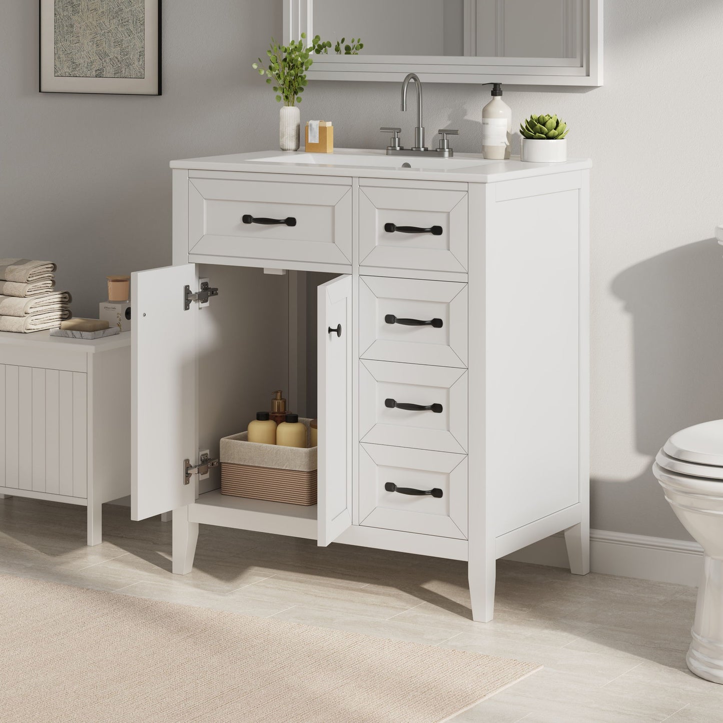 Bathroom Vanity With Sink, Freestanding Design, Soft Close Doors & Drawers - White