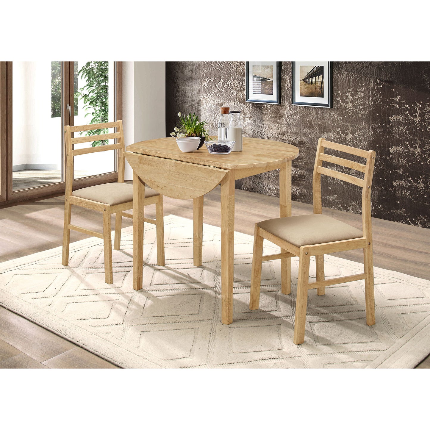 3 Piece Dining Set With Drop Leaf Table And Upholstered Chairs