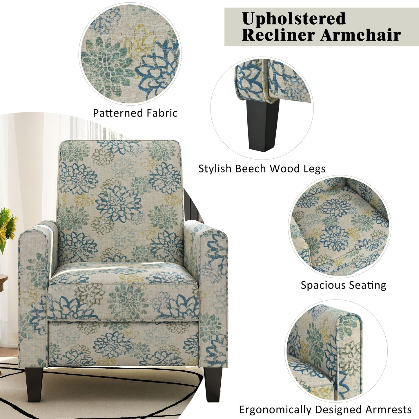 Upholstered Push Back Recliner Chair For Living Room - Blue