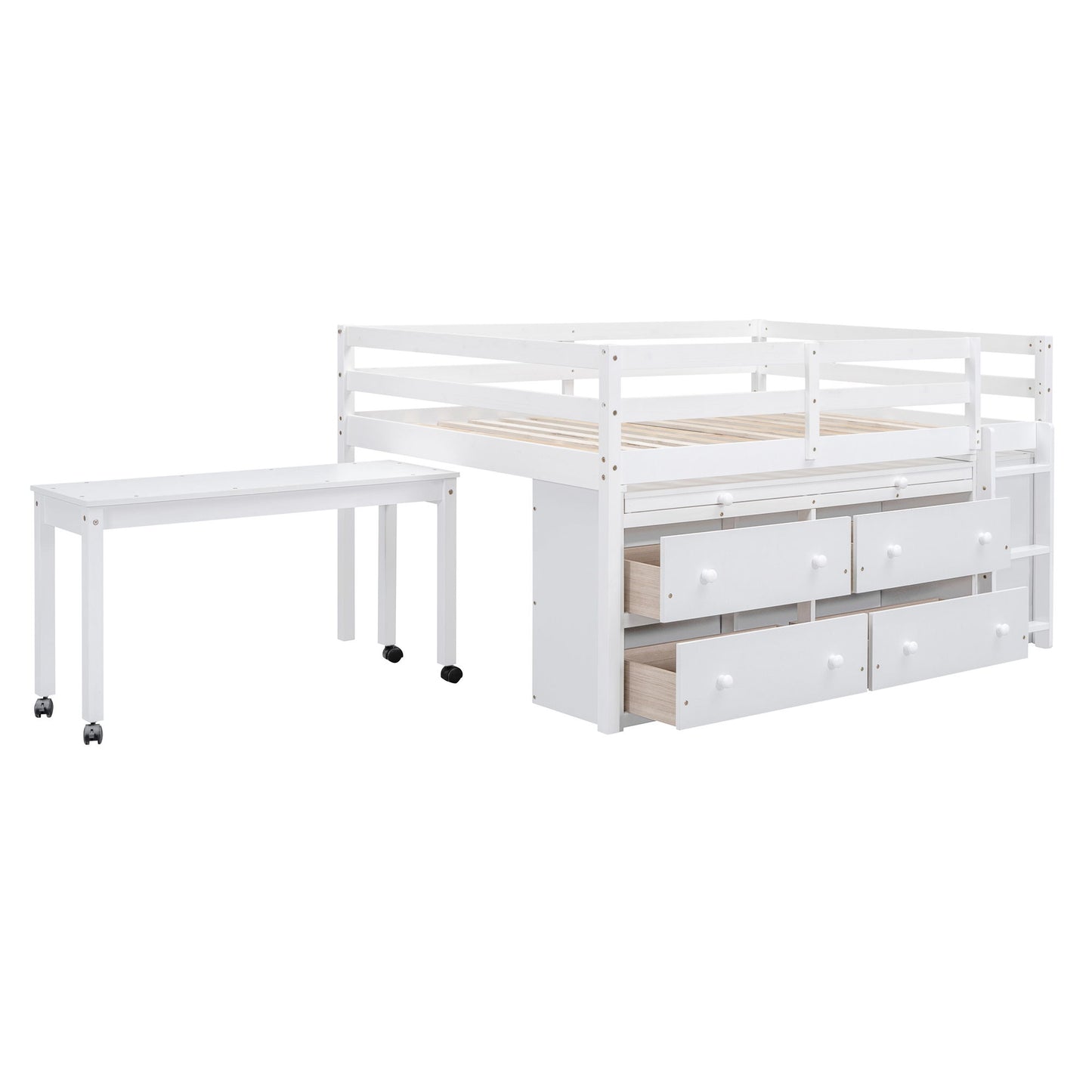 Loft Bed With Retractable Writing Desk And 4 Drawers, With Lateral Portable Desk And Shelves