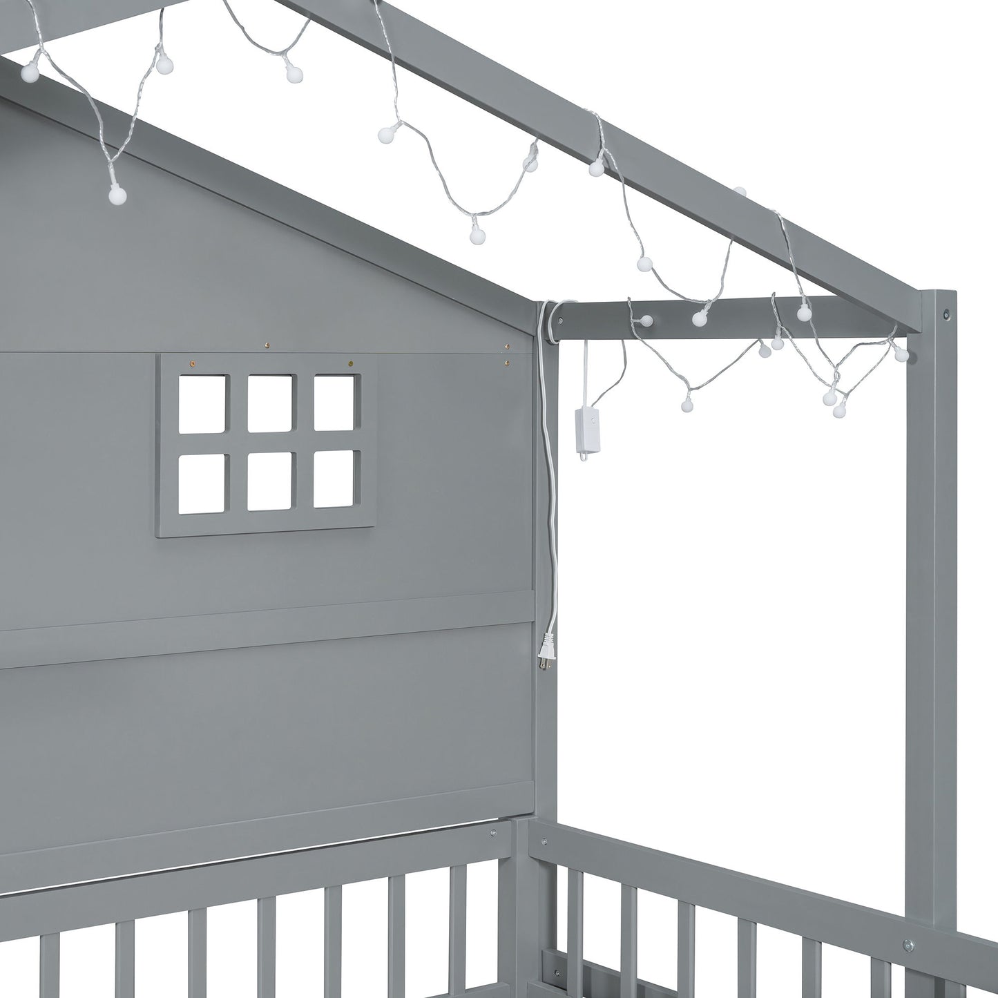 House Bed With Shelves, Window And Sparkling Light Strip On The Roof