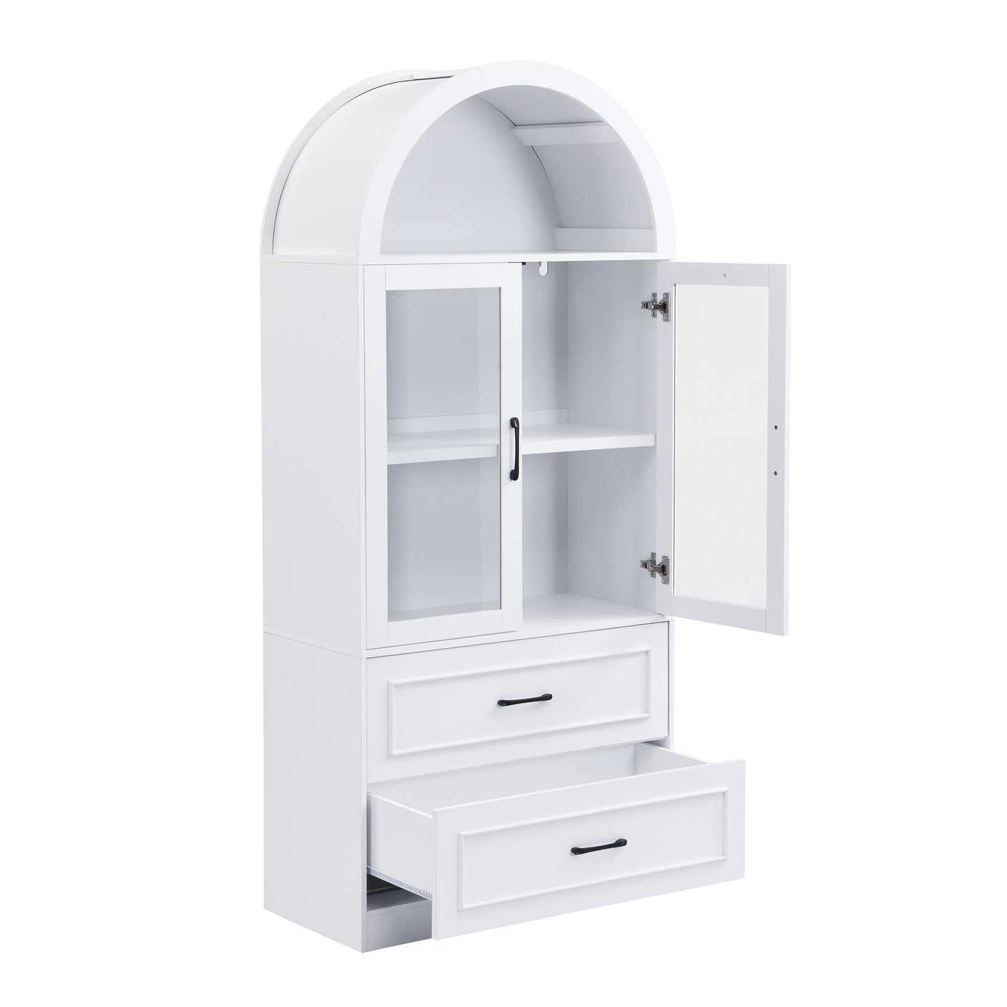 Arched Top Storage Cabinet With Fixed 2 Tier Shelves, 2 Large Drawers
