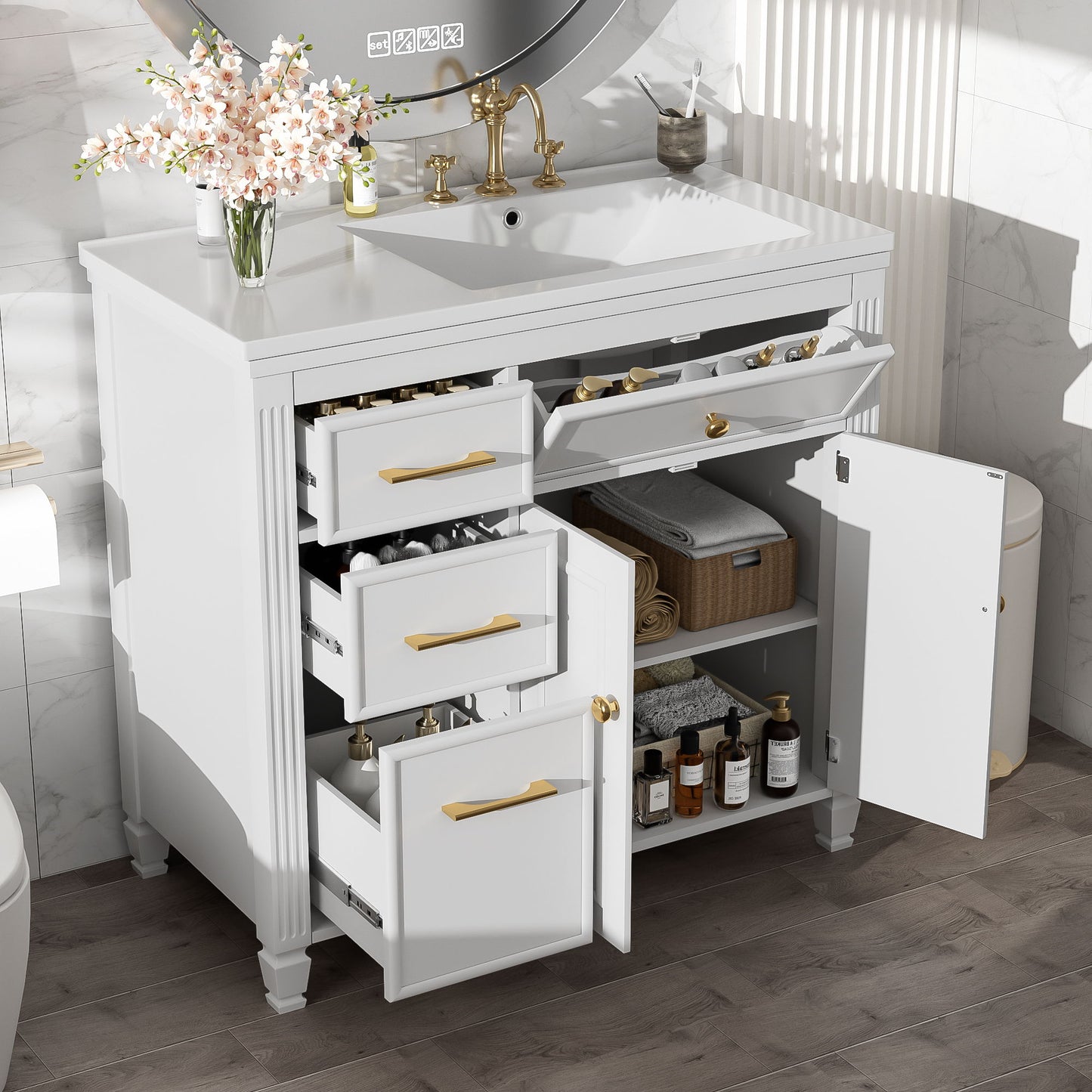 Bathroom Vanity With Sink, 1 Tip Out Drawer, 3 Side Drawers, Adjustable Shelf