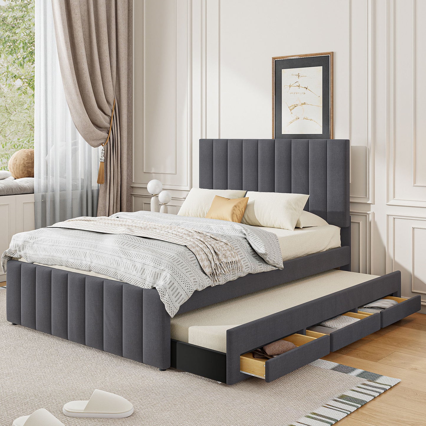 Upholstered Platform Bed With Twin Size Trundle And 3 Drawers