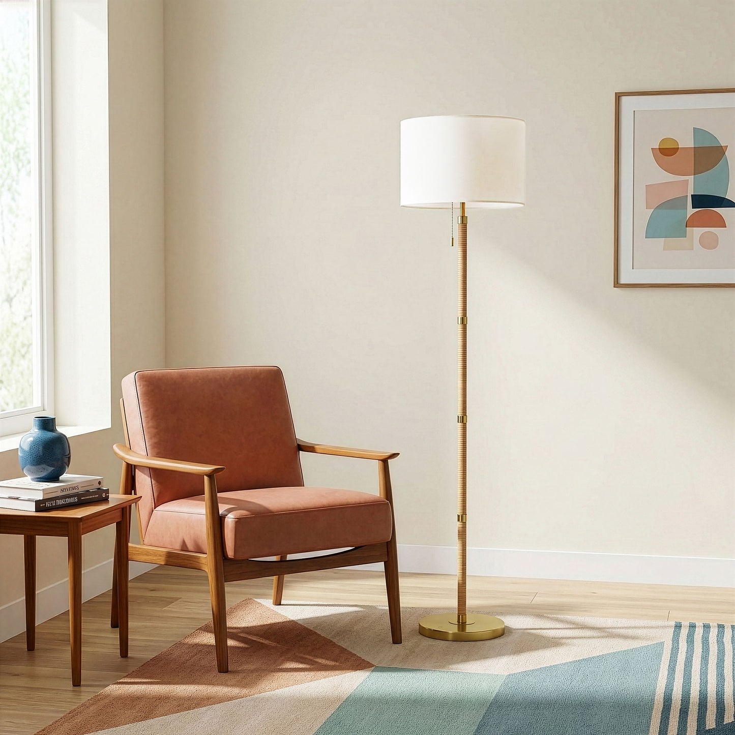 Stellar - Linen Shade Floor Lamp - Gold / Natural Wood / Rattan / White