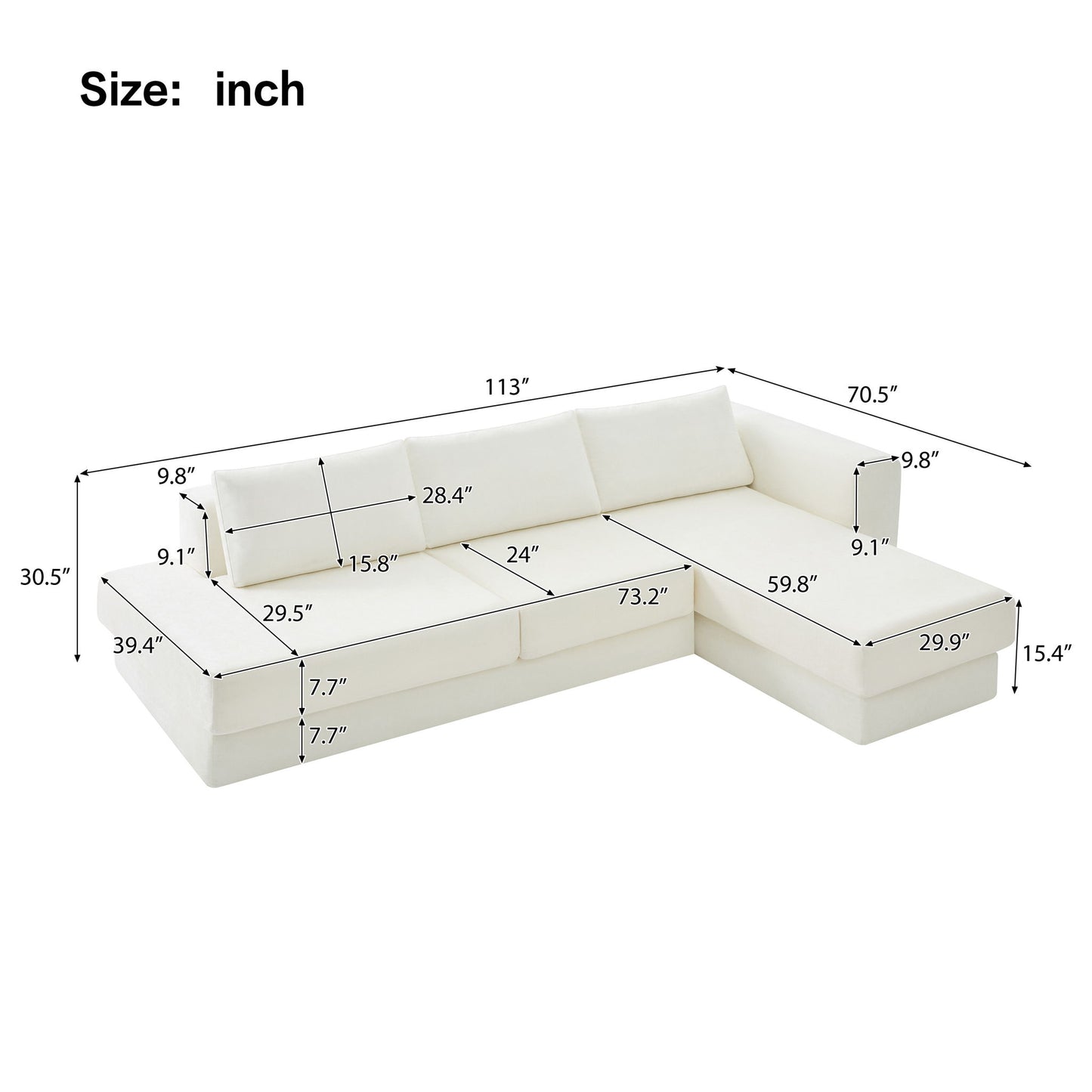 L-Shaped Modular Sofa With Double Layer Cushion