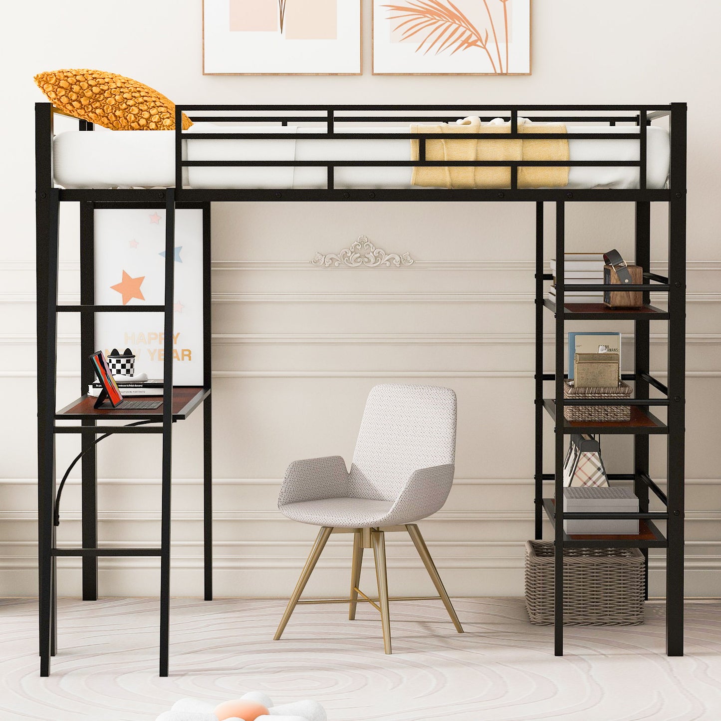 Loft Metal Bed With 3 Layers Of Shelves And Desk, Stylish Metal Frame Bed With board
