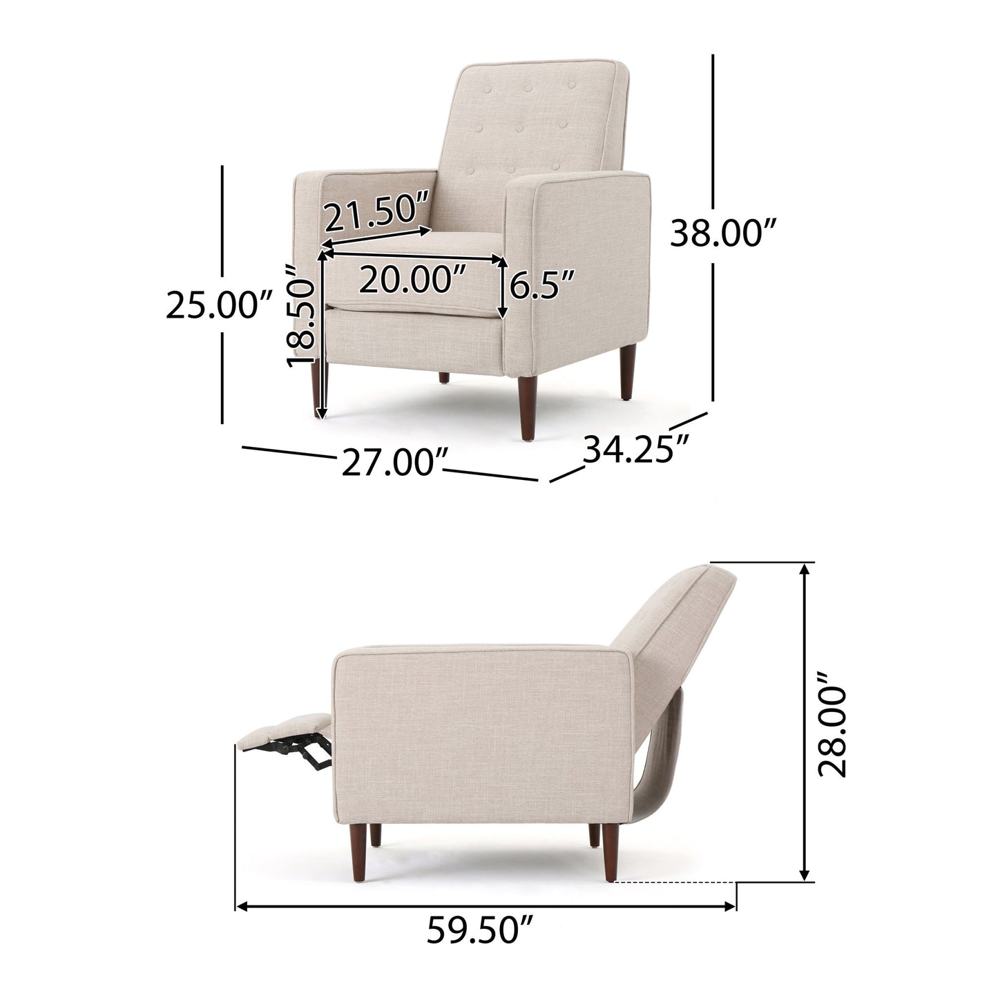 Mid-Century Modern Recliner With Button Tufted Waffle Stitch