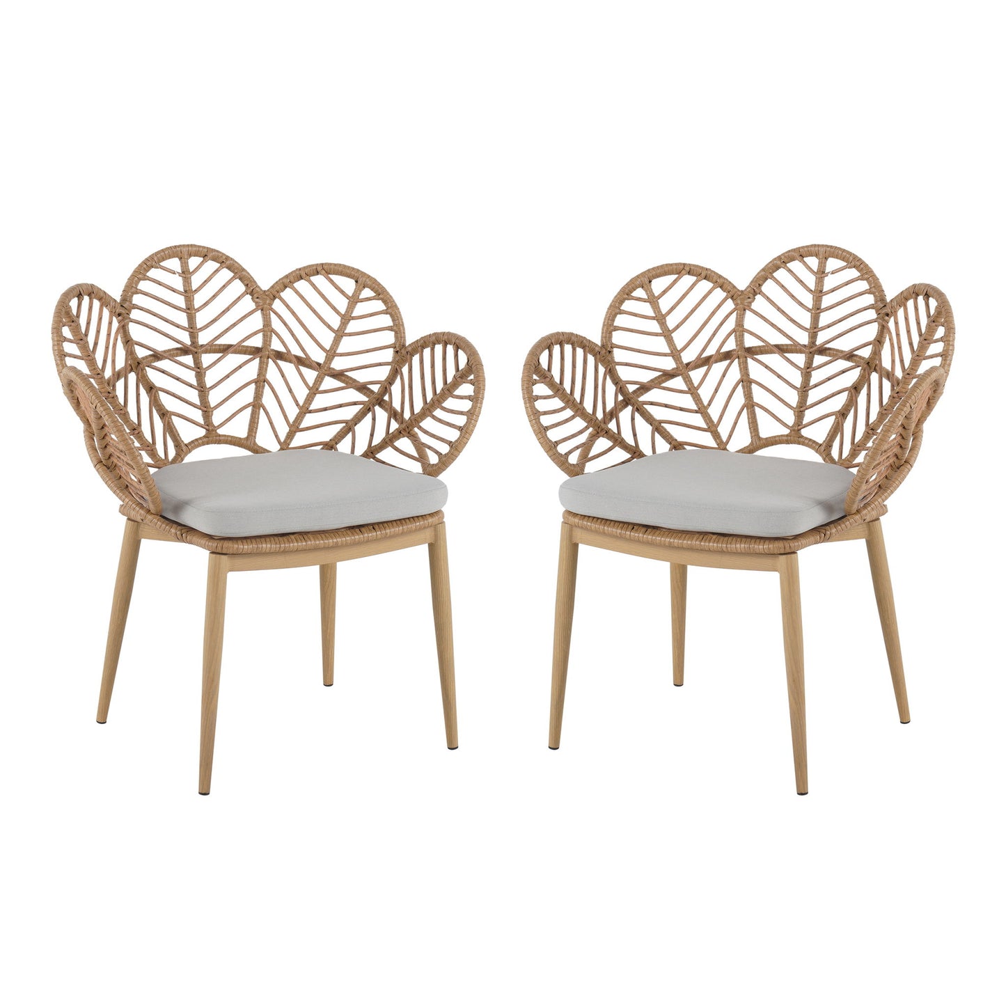 Kirk - Outdoor Wicker Peacock Shape Papasan Style Chair, Teak Finished Leg (Set of 2) - Beige / Light Brown / Light Teak