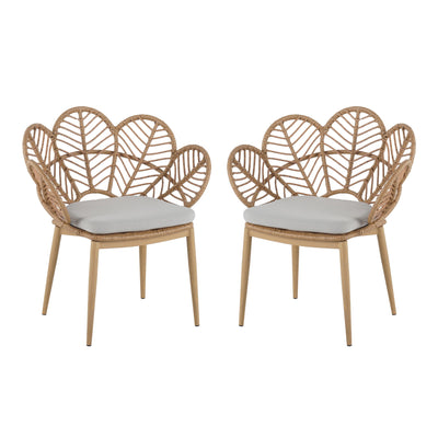 Kirk - Outdoor Wicker Peacock Shape Papasan Style Chair, Teak Finished Leg (Set of 2) - Beige / Light Brown / Light Teak