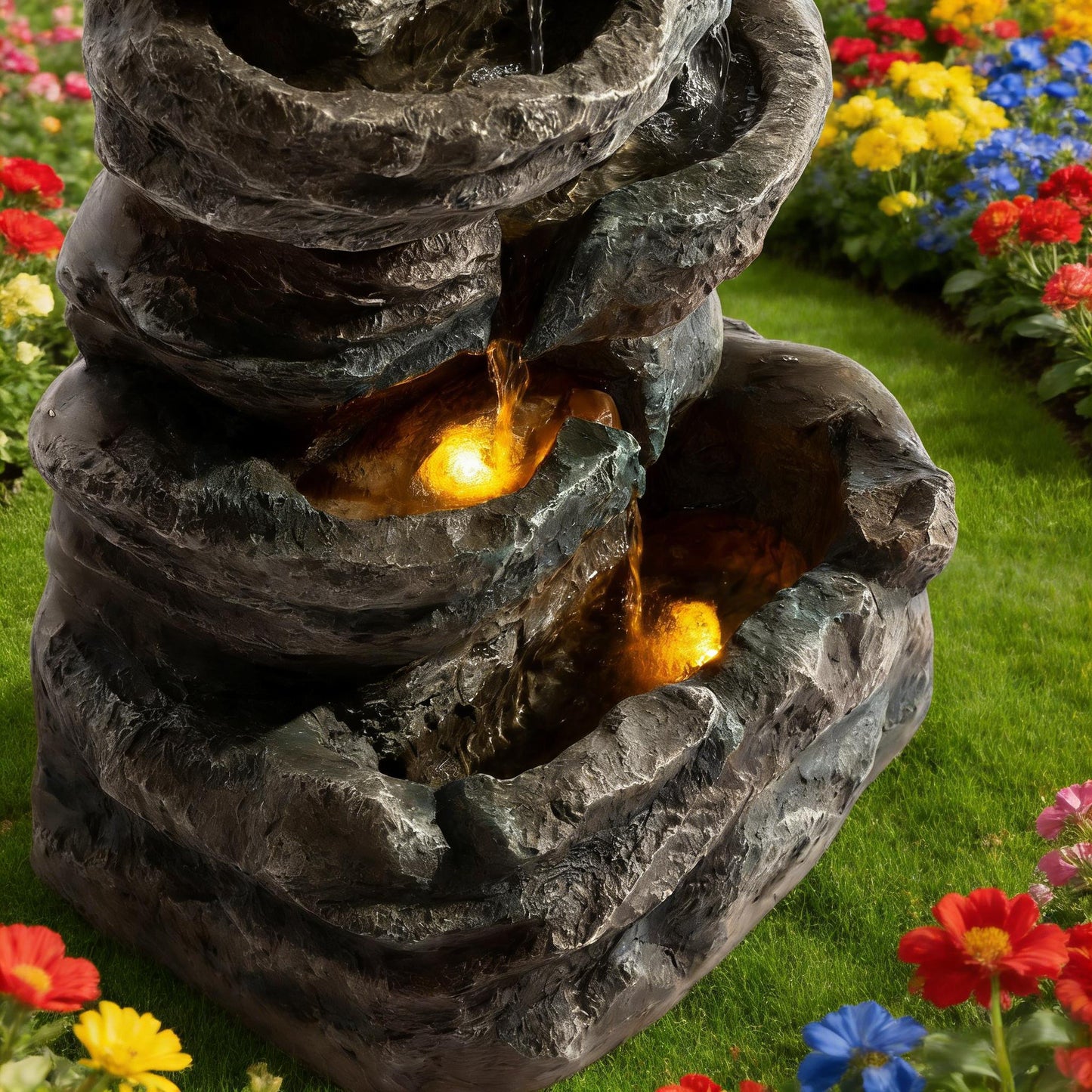 6 Tier Cascading Stone Water Fountain With LED Lights - Gray