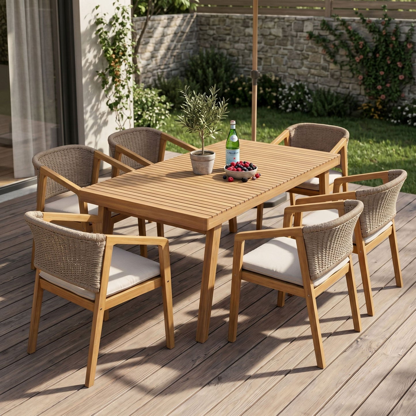 7 Piece Outdoor Dining Set With Rectangular Table And 6 Arm Chairs - Beige / Brown / Brown Mix / Light Teak