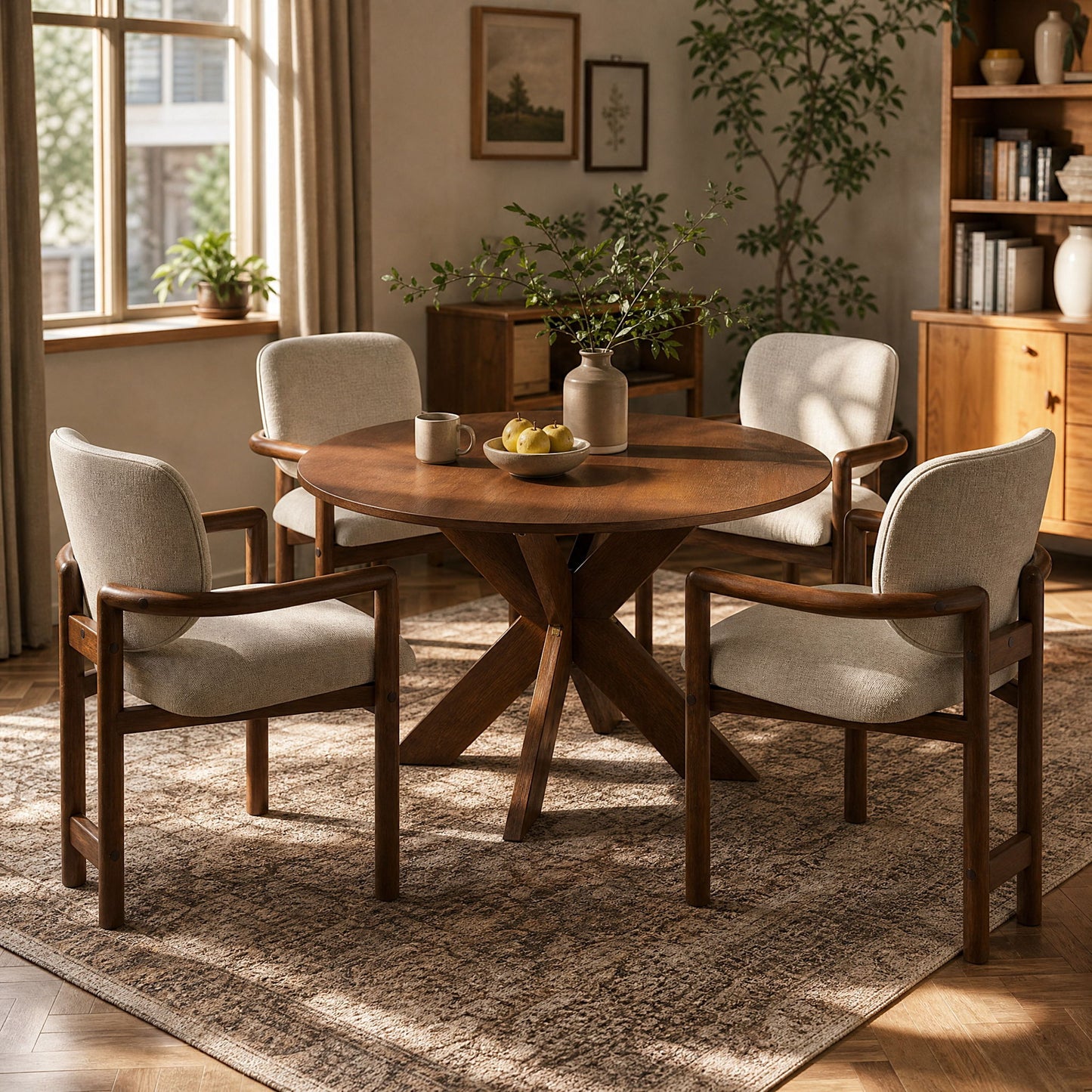 5 Piece Indoor Dining Set, Round Table & 4 Brown Arm Chairs - Beige / Brown / Cherry