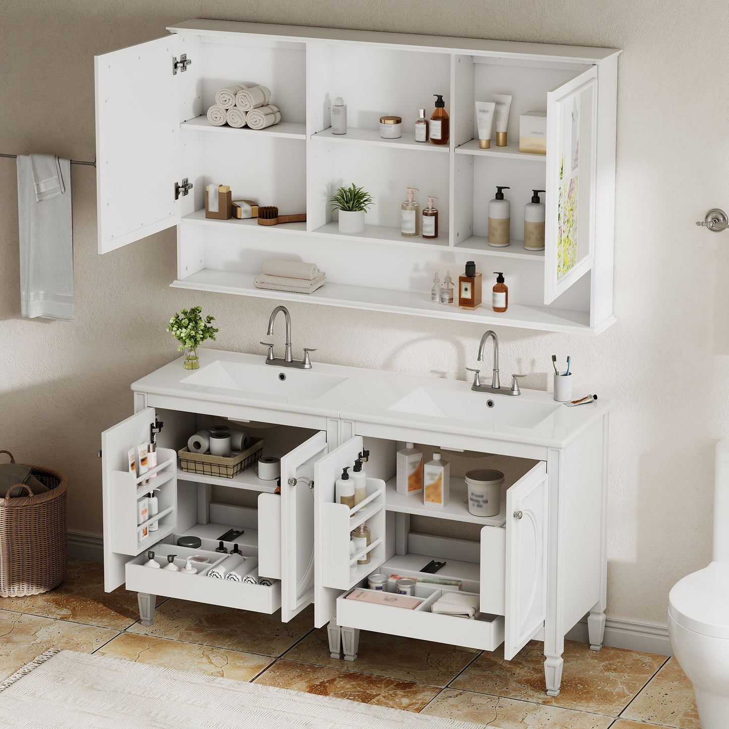 Double Sink Bathroom Vanity Set With Wall Mount Mirror Cabinet