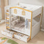 Twin Over Twin Bunk Bed With House Shaped Guardrails, Storage Shelves & Drawers - White / Natural