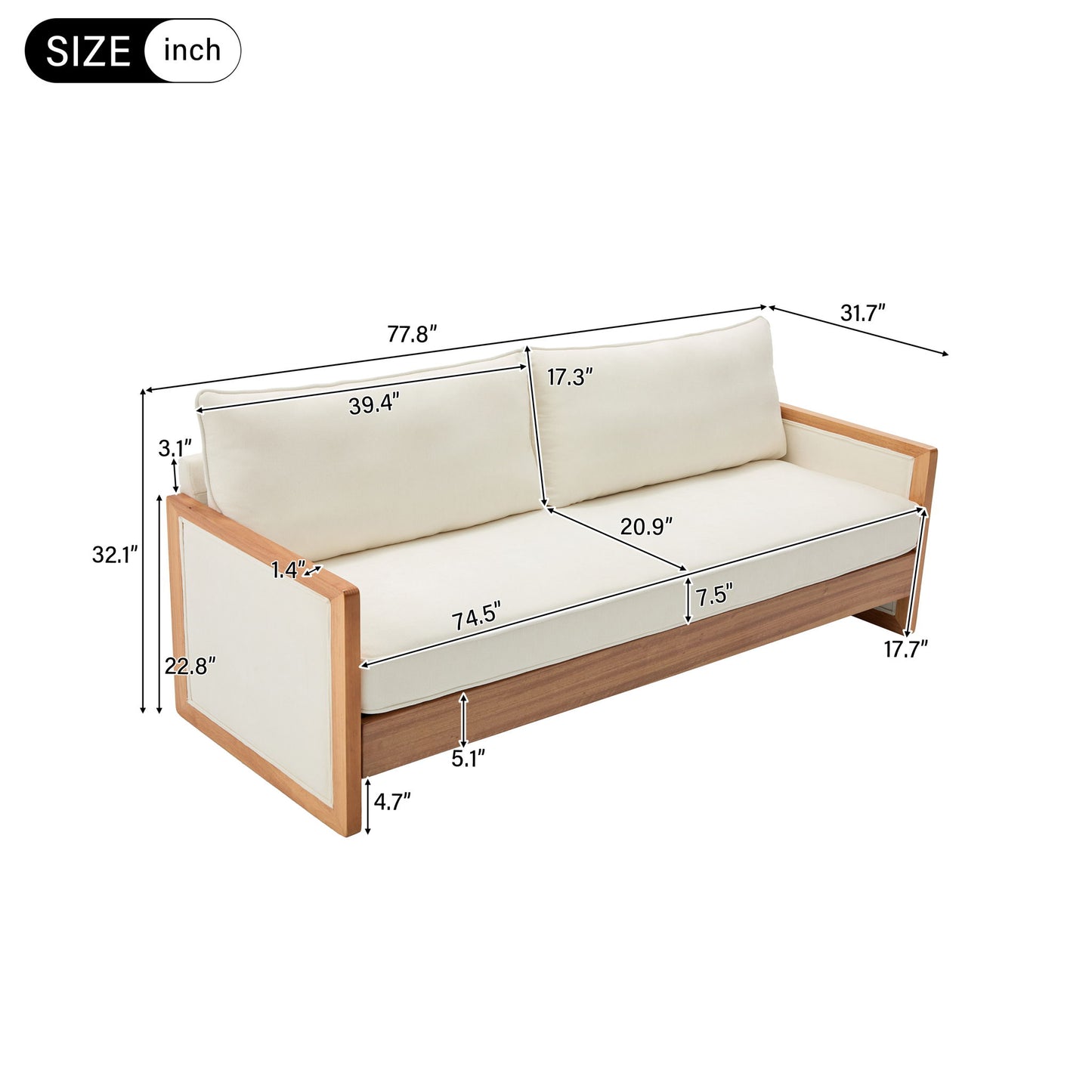 Modern 3 Seater Sofa With Wood Armrests