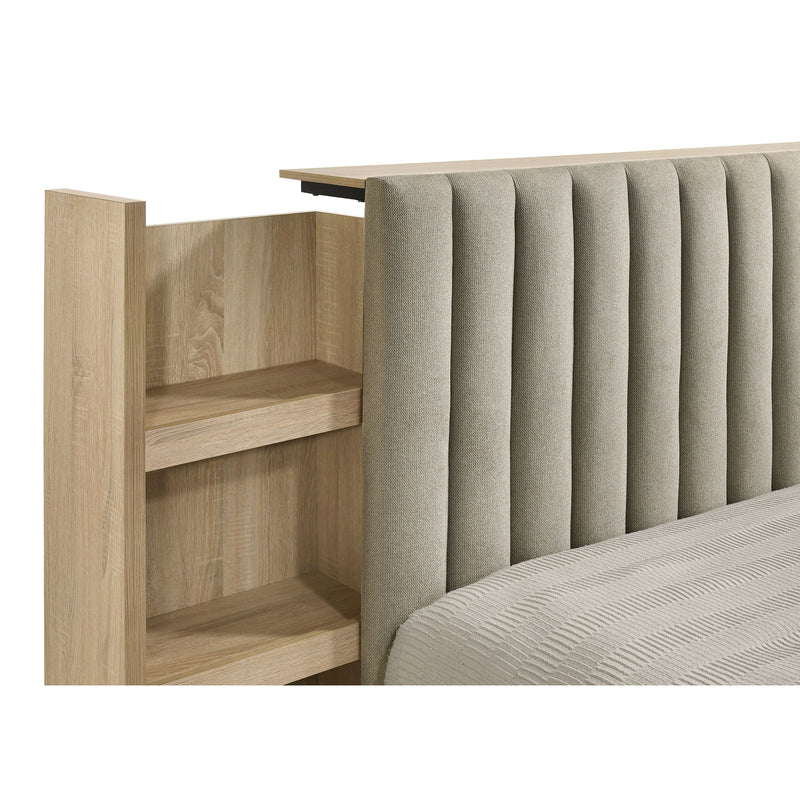 Merritt - Queen Bookcase Storage Bed With Tufted Headboard - Light Oak / Light Tan