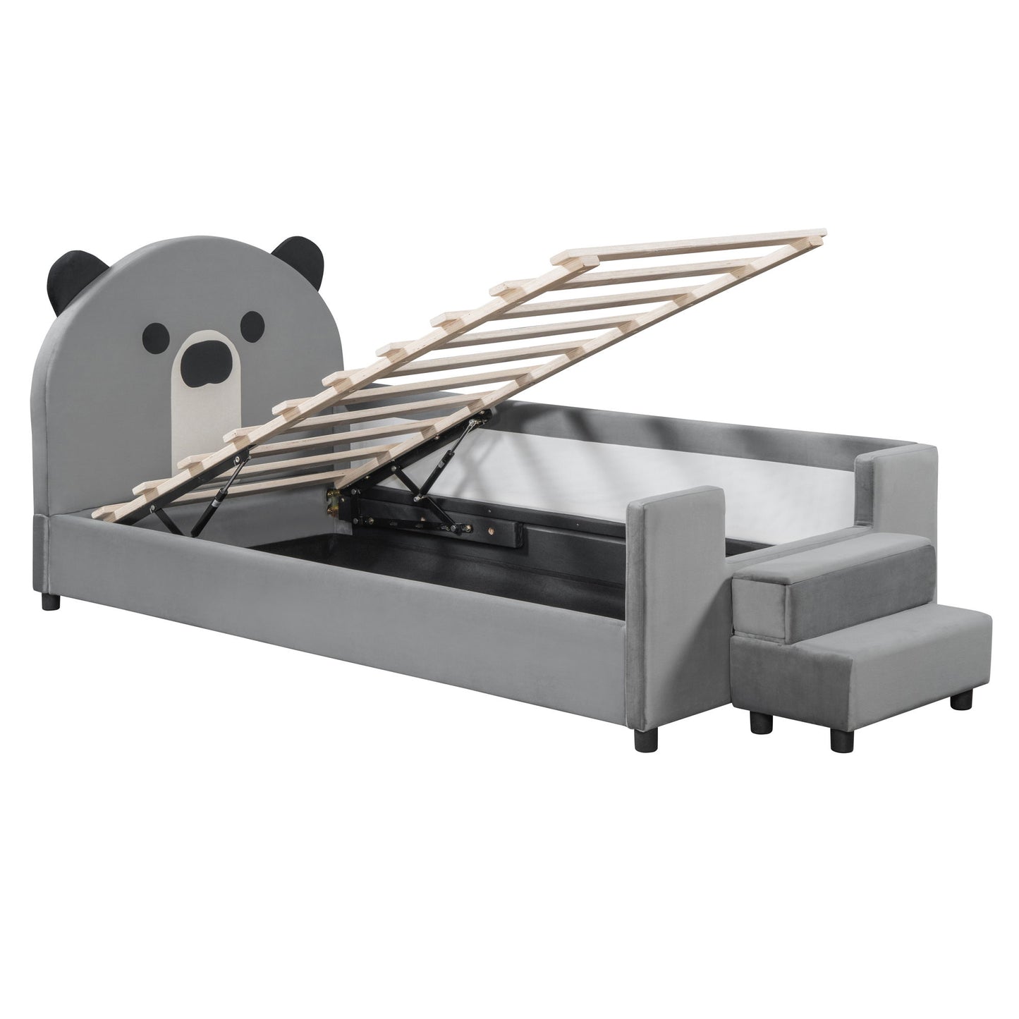 Upholstered Daybed With Bear Shaped Headboard, Hydraulic System And Breathable Fence