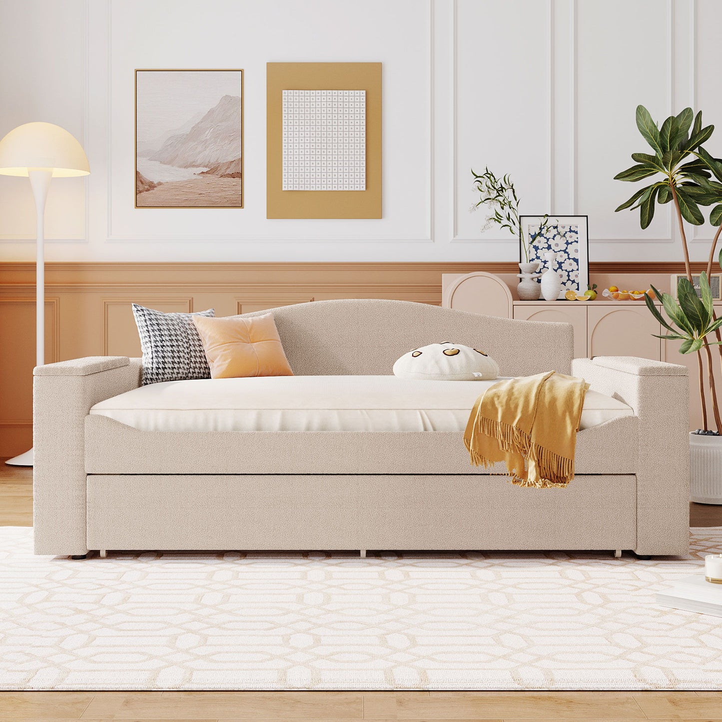 Upholstered Daybed With Storage Armrests, Trundle And Latest Integrated tooth Audio System