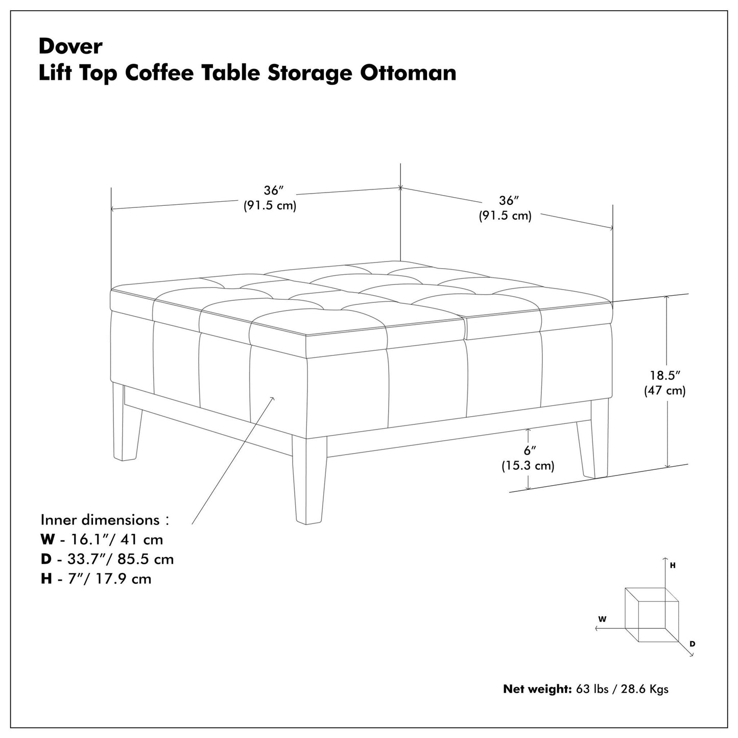 Dover - Multifunctional Lift Top Coffee Table Storage Ottoman