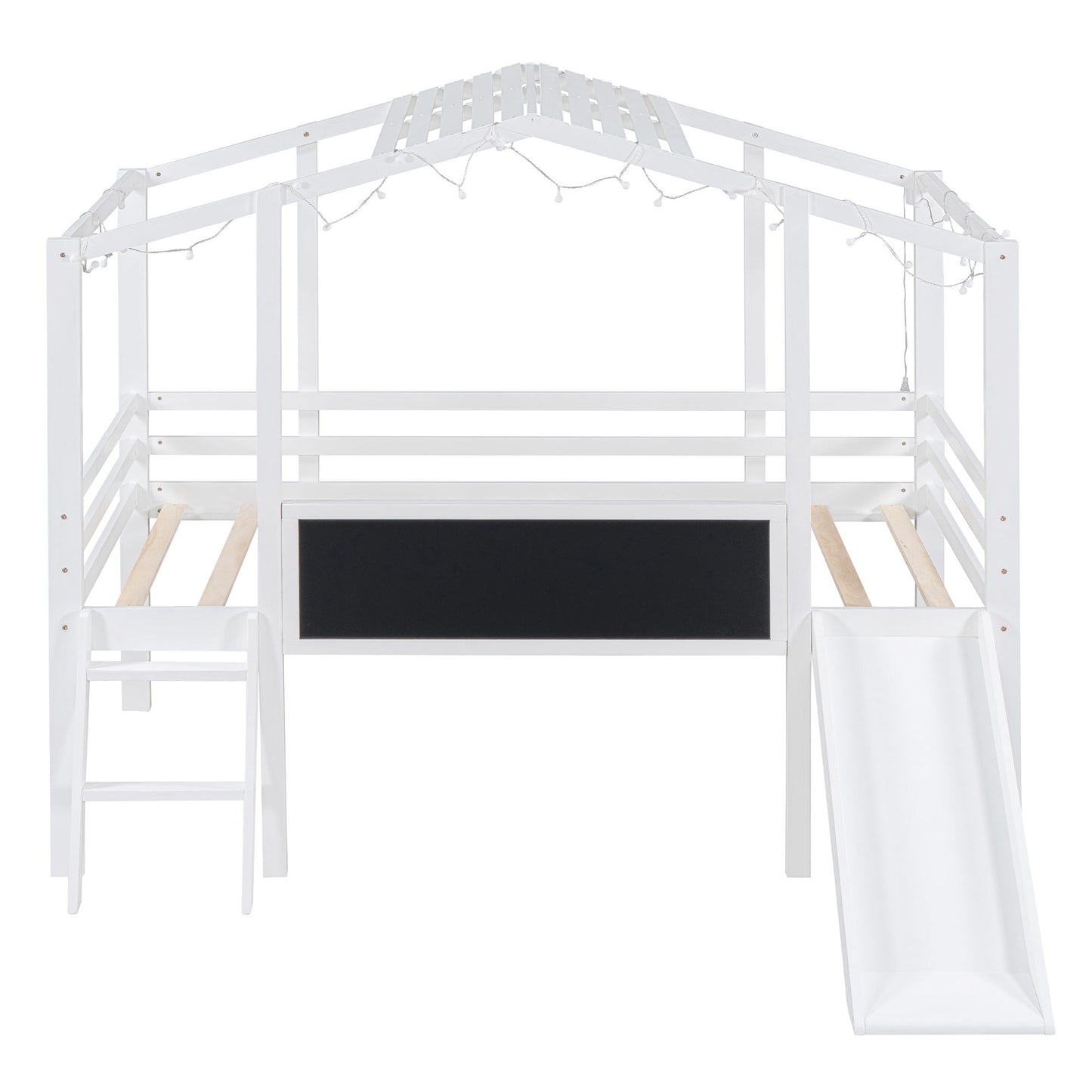 Loft House Bed With Ladder And Slide, With board And Light Strip On The Roof