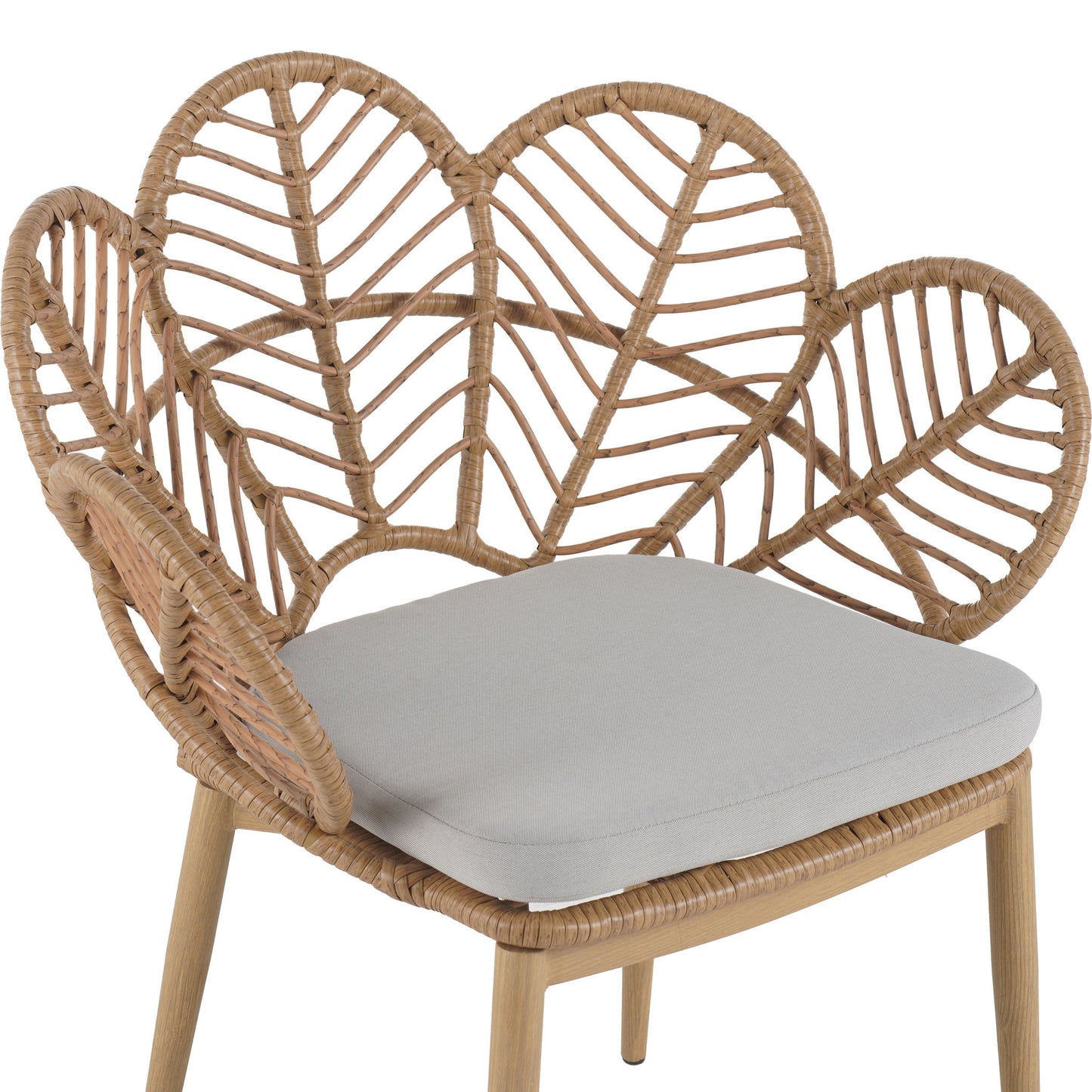 Kirk - Outdoor Wicker Peacock Shape Papasan Style Chair, Teak Finished Leg (Set of 2) - Beige / Light Brown / Light Teak